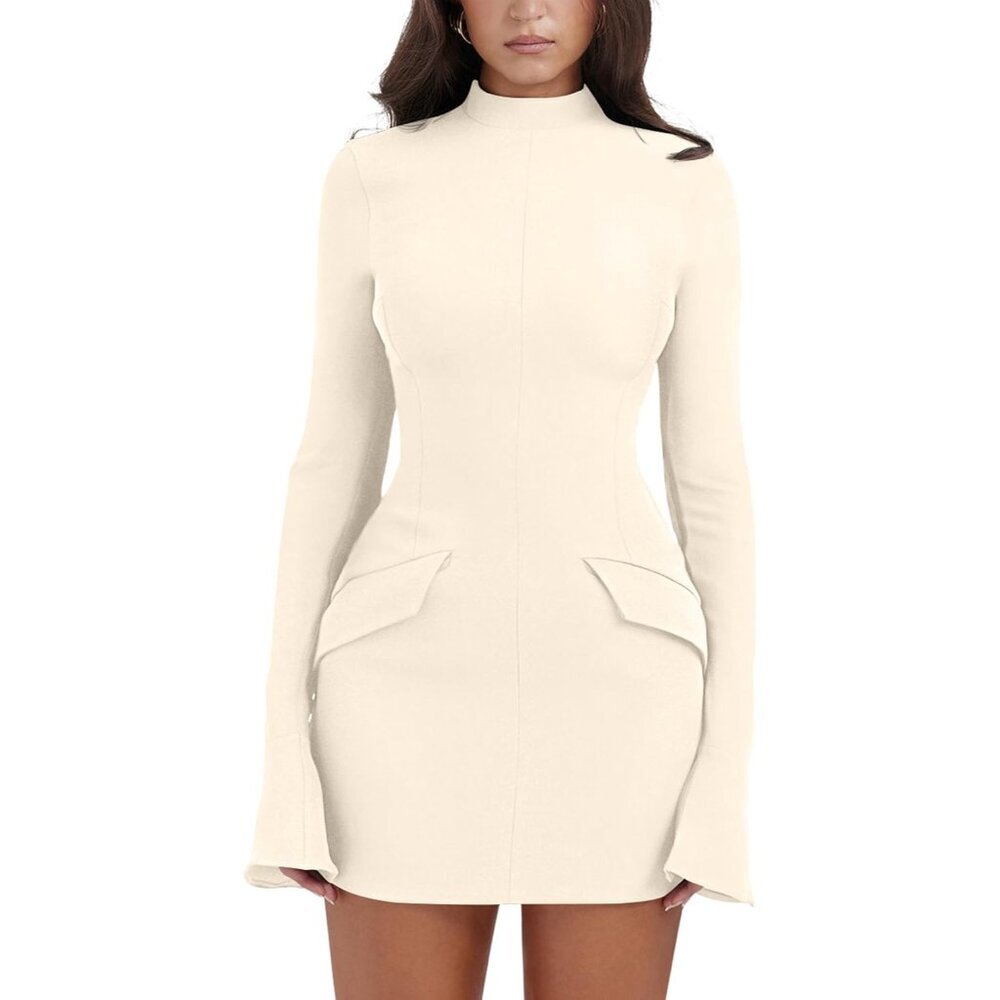 Women's Polyester Spandex Bodycon Mini Dress Long Sleeve Turtle Neck